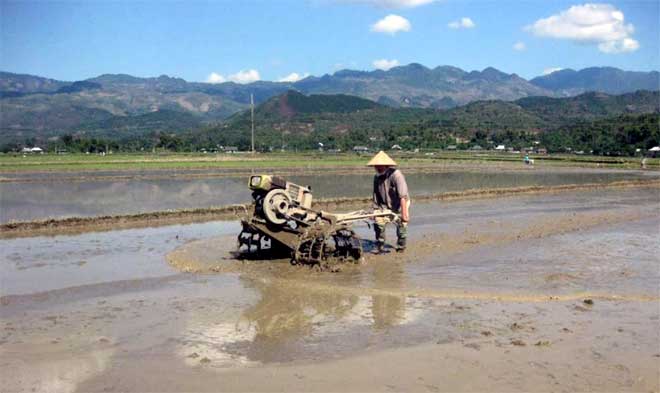 Nông dân huyện Văn Chấn làm đất chuẩn bị gieo cấy lúa xuân.