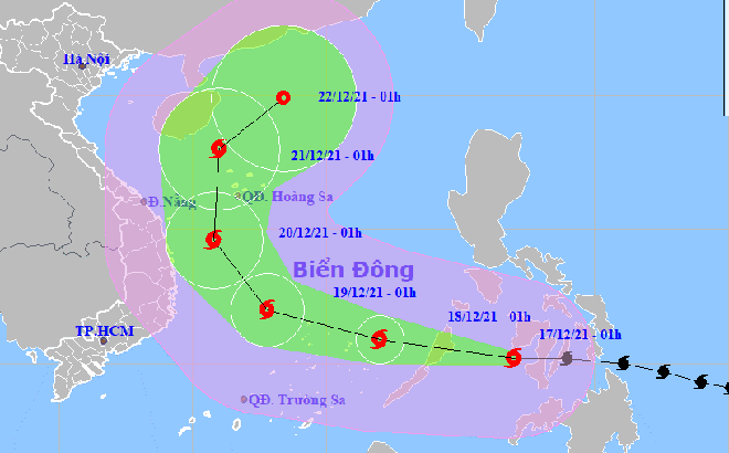 Vị trí và dự báo hướng đi của bão Rai