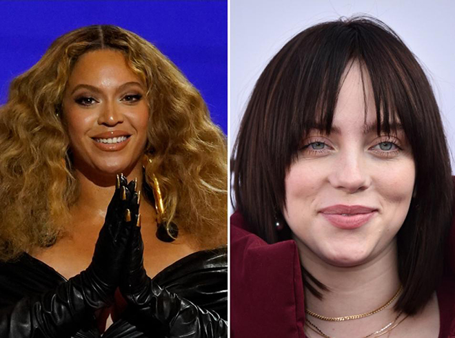 Beyoncé (trái) và Billie Eilish có ca khúc vào danh sách bình chọn rút gọn giải Oscar 2022.