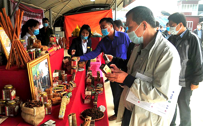 Các doanh nghiệp trong và ngoài nước thăm quan các sản phẩm là thế mạnh của tỉnh Yên Bái.

