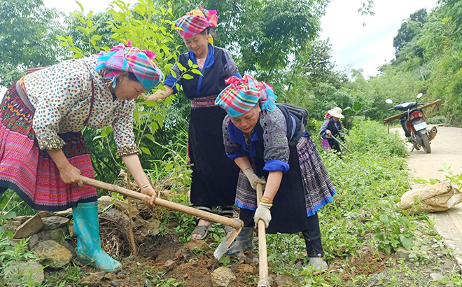 Hội viên phụ nữ xã Chế Cu Nha, huyện Mù Cang Chải trồng cây đào rừng tại bản Chế Cu Nha.