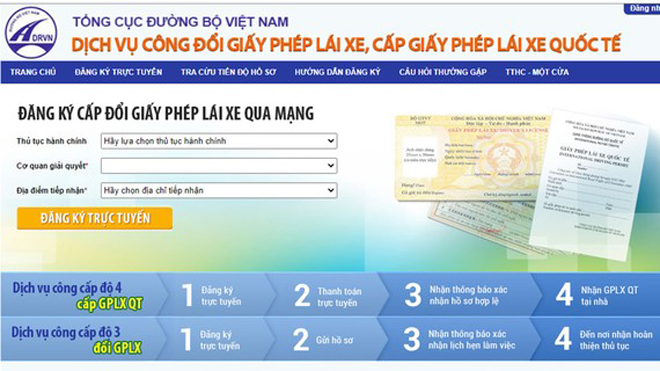 Thủ tục cấp đổi GPLX qua mạng trên trang web của Tổng cục Đường bộ Việt Nam.