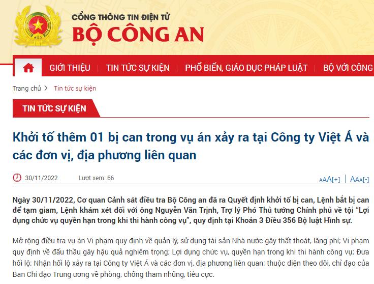 Bộ Công an Việt Nam thông báo về việc khởi tố Trợ lý Phó Thủ tướng. (Ảnh chụp màn hình/bocongan.gov.vn) 

