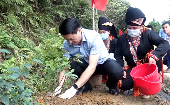 Lãnh đạo huyện Văn Yên tham gia trồng tuyến đường hoa tại xã Xuân Tầm.