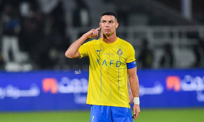 Ronaldo mừng bàn thứ 50 trong năm 2023 trên sân Al Shabab, thành phố Riyad, Arab Saudi, tại tứ kết King Cup tối 11/12/2023. Ảnh: Fabrizio Romano