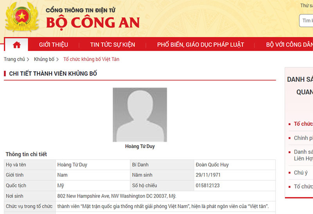 Cổng Thông tin Điện tử Bộ Công an ghi rõ, Hoàng Tứ Duy là thành viên tổ chức khủng bố Việt Tân.
