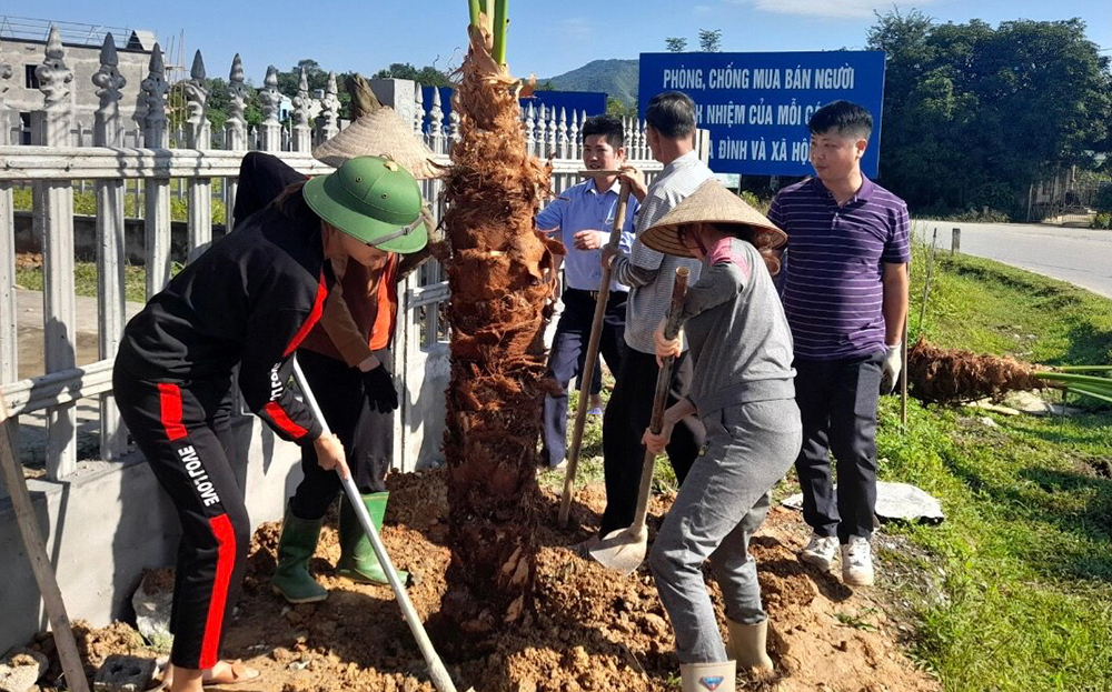 Các tổ chức đoàn thể xã Vân Hội, huyện Trấn Yên trồng cây xanh trên tuyến đường liên xã.