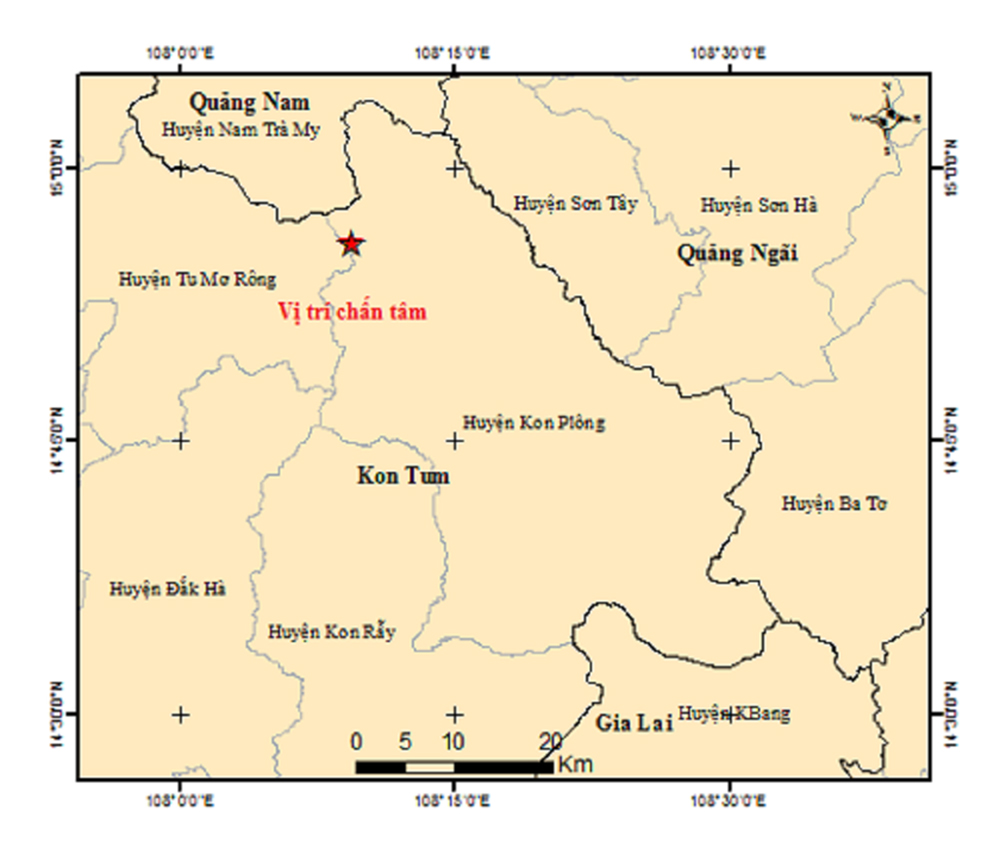 Bản đồ chấn tâm trận động đất xảy ra tại huyện Kon Plông.