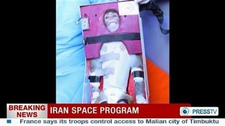 Một hình ảnh lấy từ đoạn video không xác định thời gian được kênh tiếng Anh truyền hình quốc gia Iran PressTV công bố hôm 28/1 cho thấy một con khỉ được phóng lên vũ trụ.