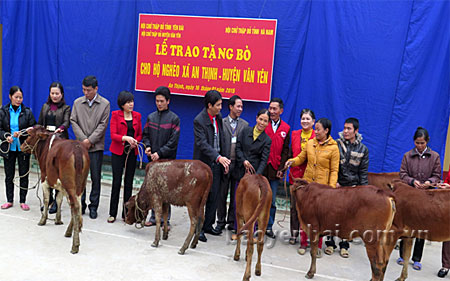 Lãnh đạo Hội CTĐ tỉnh Hà Nam, Hội CTĐ tỉnh Yên Bái trao tặng bò cho các hộ nghèo tại xã An Thịnh.