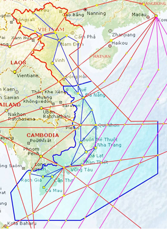 Vùng thông báo bay Hồ Chí Minh (vòng xanh) nằm sát khu vực quần đảo Trường Sa.