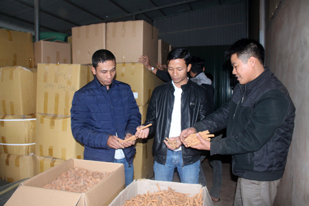 Giám đốc Trần Tuấn (đứng giữa) kiểm tra chất lượng sản phẩm trước  khi xuất khẩu sang Đài Loan.