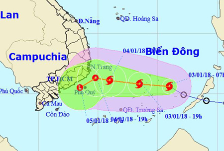 Vị trí và hướng di chuyển của cơn bão số 1.