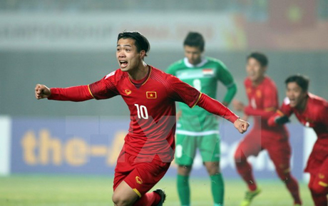 Cầu thủ Công Phượng đội U23 Việt Nam vui mừng sau khi ghi bàn thắng vào lưới đội U23 Iraq.