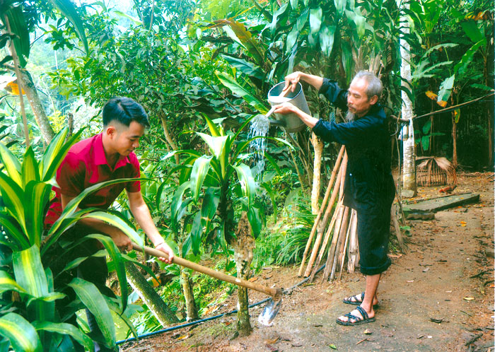 Ông Lâm Văn Lập chăm sóc cây cảnh.