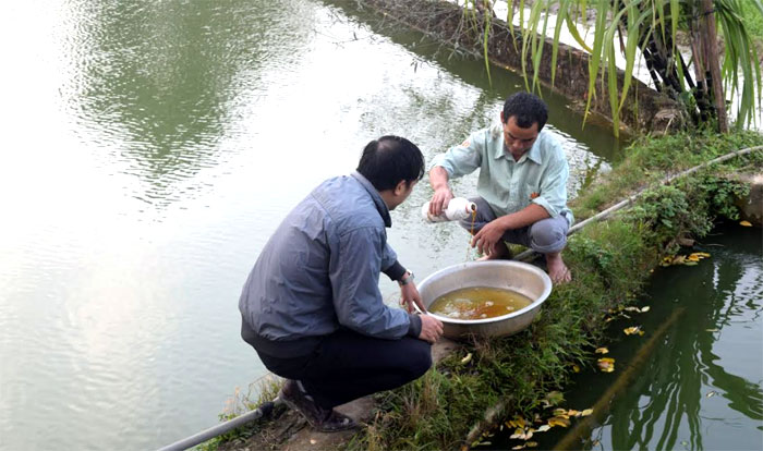 Cán bộ Trung tâm Dịch vụ hỗ trợ phát triển nông nghiệp huyện Văn Yên (bên trái) hướng dẫn người dân pha chế phẩm sinh học để xử lý môi trường ao nuôi cá.