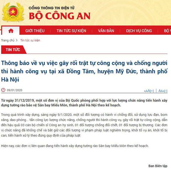 Ảnh chụp màn hình thông báo trên Cổng thông tin điện tử Bộ Công an