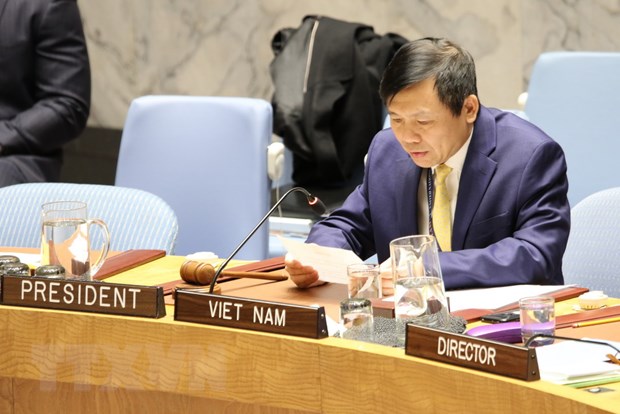 Đại sứ Đặng Đình Quý, Trưởng phái đoàn đại diện thường trực Việt Nam tại LHQ phát biểu, chủ trì phiên họp HĐBA về đảm bảo thực thi hiệp định hòa bình ở Colombia sáng 13/1/2020.