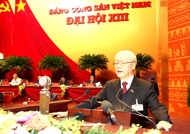 Tổng bí thư, Chủ tịch nước Nguyễn Phú Trọng báo cáo tại Đại hội XIII của Đảng.