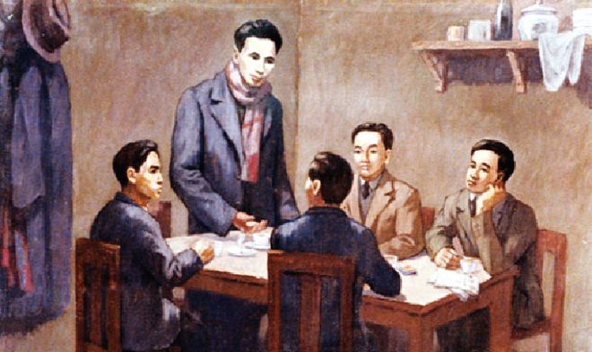 Hội nghị thành lập Đảng Cộng sản Việt Nam ngày 3/2/1930 (Ảnh chụp lại tranh của họa sĩ Phi Hoanh tại Bảo tàng Lịch sử Quốc gia).