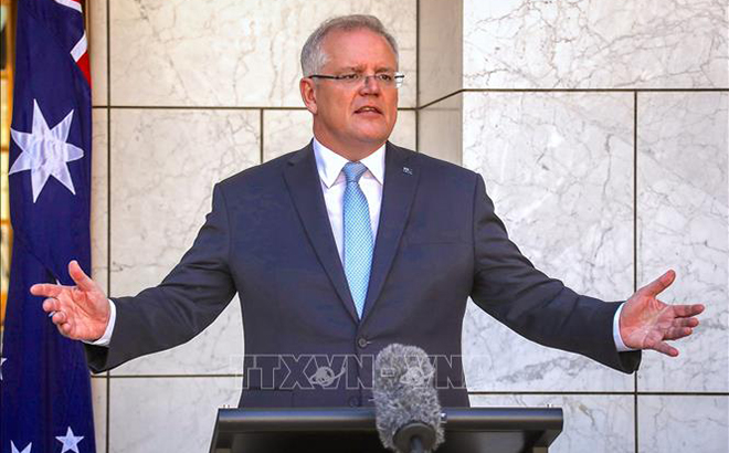 Thủ tướng Australia Scott Morrison phát biểu trong một cuộc họp báo ở Canberra.
