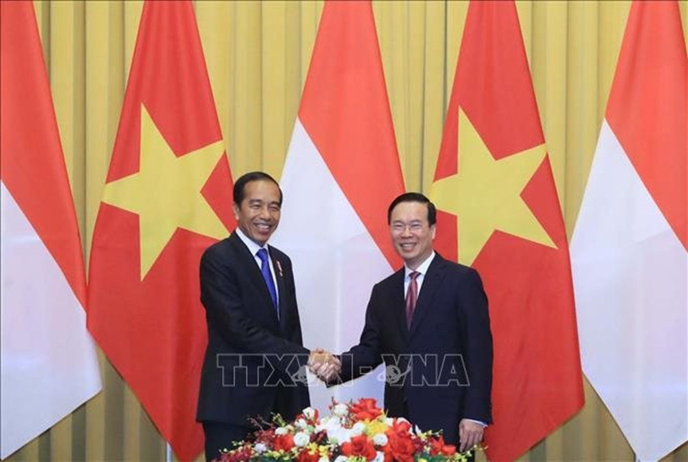 Chủ tịch nước Võ Văn Thưởng với Tổng thống Cộng hoà Indonesia Joko Widodo tại buổi hội đàm.