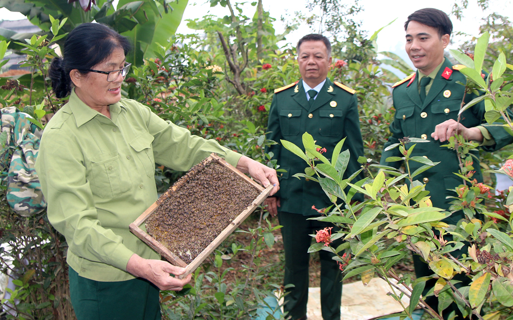 Cựu chiến binh Hoàng Thị Lan chia sẻ với lãnh đạo Hội CCB huyện Trấn Yên, xã Minh Quán về quy trình kỹ thuật nuôi đàn ong.