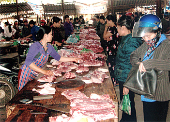 Hàng thực phẩm tươi sống cần được kiểm soát nghiêm ngặt.
Trong ảnh: Dãy hàng bán thịt lợn ở chợ Yên Ninh (T.P Yên Bái).
