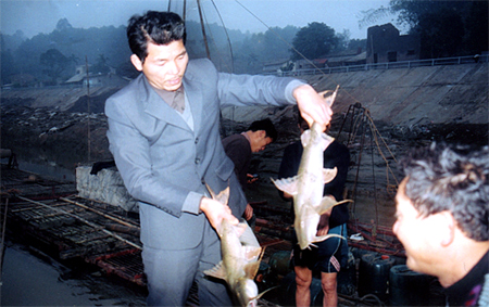 Anh Nguyễn Văn Tuấn giới thiệu sản phẩm cá chiên của gia đình.
