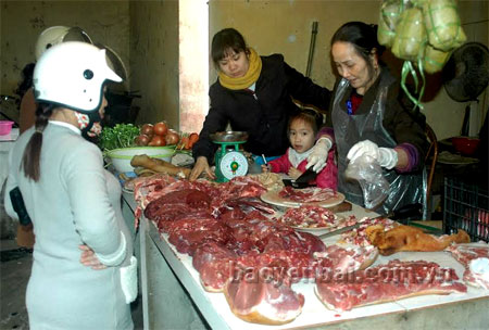 Chú trọng đảm bảo an toàn vệ sinh thực phẩm đối với mặt hàng thực phẩm tươi sống dịp tết Nguyên đán để chống nguy cơ thực phẩm nhiễm khuẩn (ảnh chụp tại chợ Đồng Tâm, km4, thành phố Yên Bái).