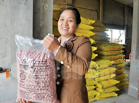 Bà Vinh giới thiệu sản phẩm phân viên nén dúi sâu mang thương hiệu “Vinh Ninh” đang được nhiều người dân tin dùng.