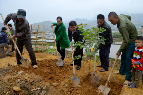 Lãnh đạo huyện Văn Chấn và đông đảo nhân dân tham gia trồng cây tại hai bên trục đường B thôn Bản Loọn,  xã Sơn Thịnh.