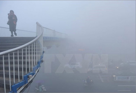 Sương mù dày đặc bao phủ một con phố ở tỉnh An Huy.