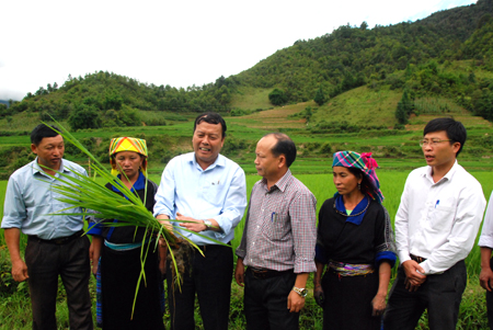 Đồng chí Vũ Tiến Đức - Phó Bí thư Huyện ủy, Chủ tịch UBND huyện Mù Cang Chải cùng cán bộ nông nghiệp huyện trao đổi với nhân dân xã Nậm Khắt về sản xuất nông nghiệp ở cơ sở.