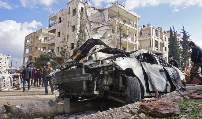 Hiện trường vụ đánh bom kép ở thành phố Idlib, miền Tây Bắc Syria ngày 18/2/2019.