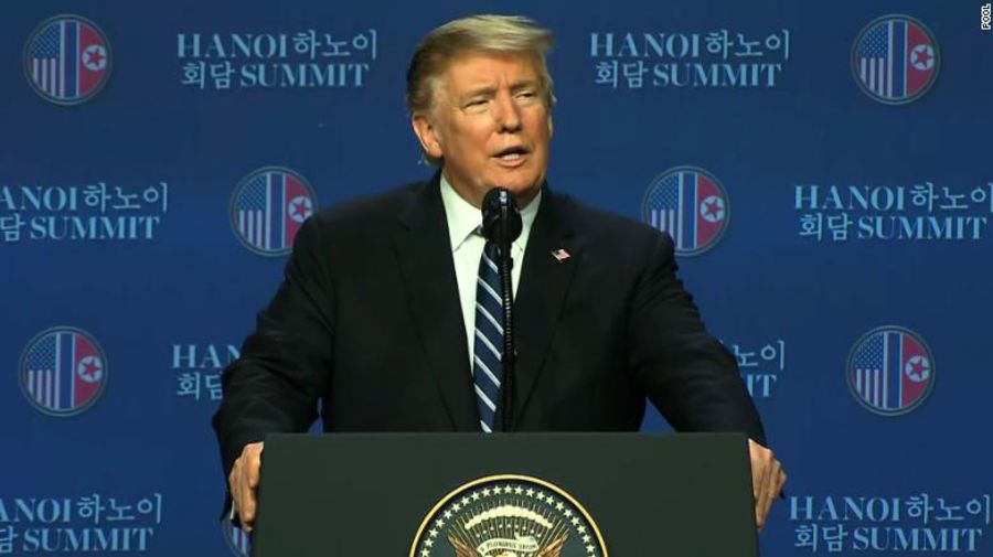 Tổng thống Mỹ Donald Trump trả lời tại buổi họp báo sau Hội nghị Thưởng đỉnh Mỹ-Triều lần 2.