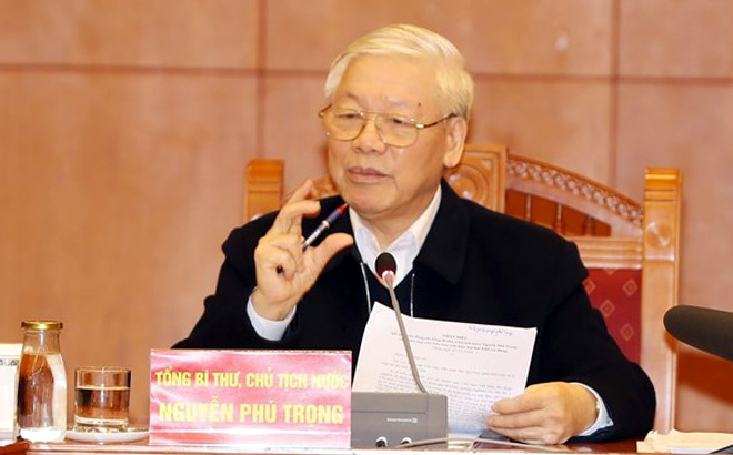 Tổng Bí thư, Chủ tịch nước Nguyễn Phú Trọng, Trưởng Tiểu ban Văn kiện Đại hội XIII của Đảng phát biểu kết luận cuộc họp.
