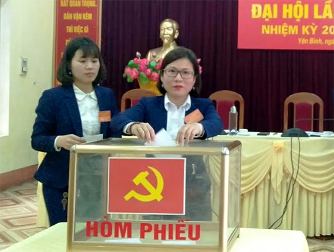 Các đại biểu bỏ phiếu bầu ban chấp hành chi bộ tại Đại hội Chi bộ Văn phòng cấp ủy  - chính quyền huyện Yên Bình.
