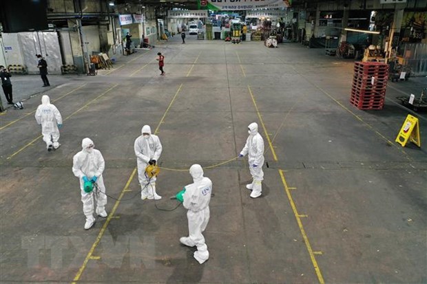 Spraying disinfectants at a vegetable market in Daegu, the Republic of Korea, to prevent the spread of the novel coronavirus disease (COVID-19) on February 20.