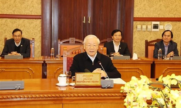 Party General Secretary Nguyen Phu Trong speaks at the meeting on February 8