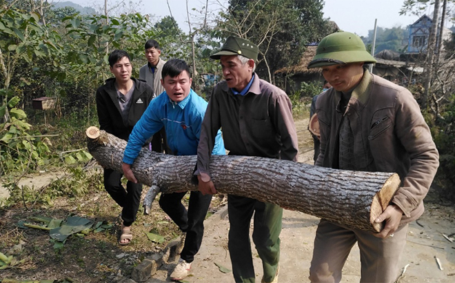 Người dân huyện Lục Yên dỡ bỏ vật kiến trúc, cây cối, hiến đất làm đường.