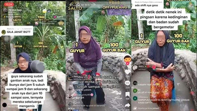 Hình ảnh những người phụ nữ nghèo khổ tắm nước bùn bẩn để xin tiền trên TikTok tại Indonesia.