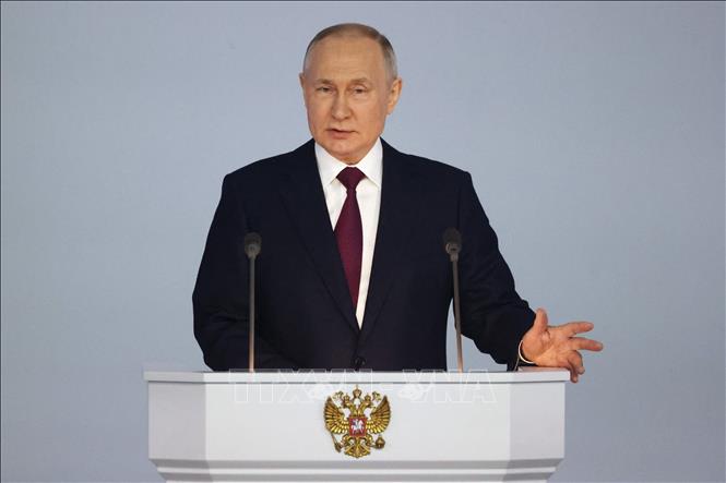 Tổng thống Nga Vladimir Putin đọc Thông điệp Liên bang ngày 21/2. Ảnh: AFP/TTXVN