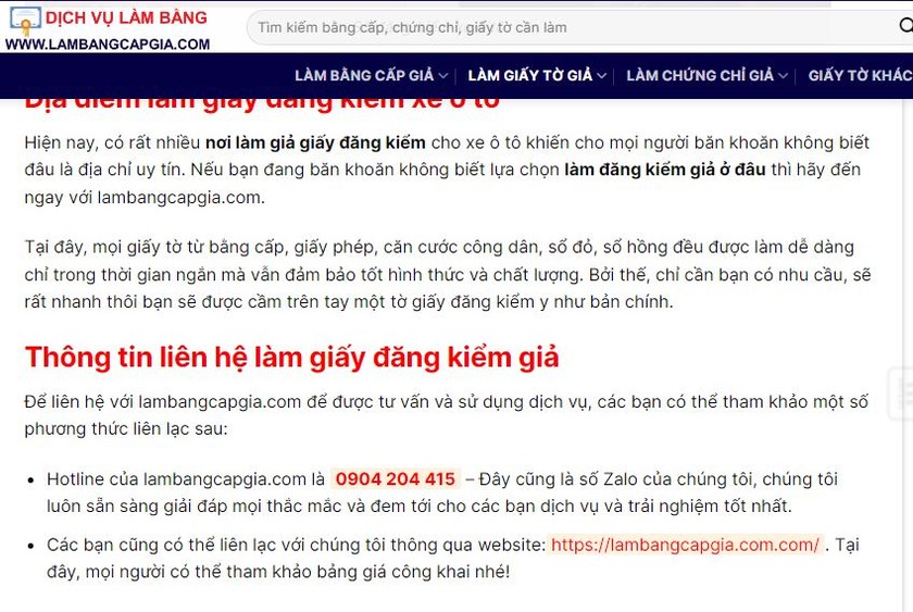 Một trang điện tử công khai bán giấy đăng kiểm giả.