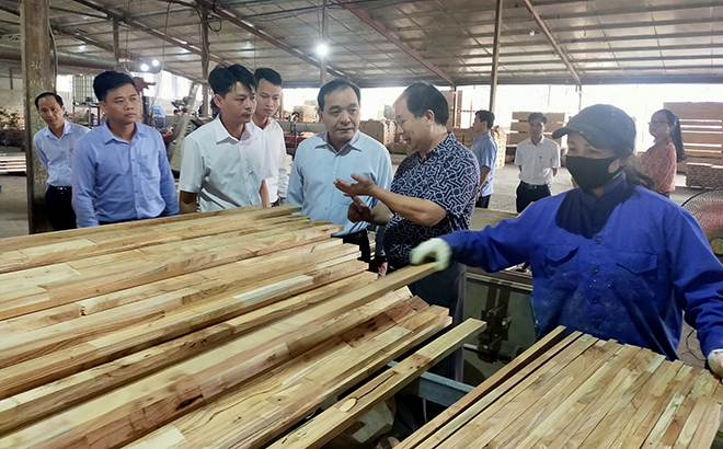 Lãnh đạo huyện Trấn Yên thăm, kiểm tra sản xuất tại Doanh nghiệp Tư nhân Đăng Khoa, thuộc Cụm công nghiệp Báo Đáp.
