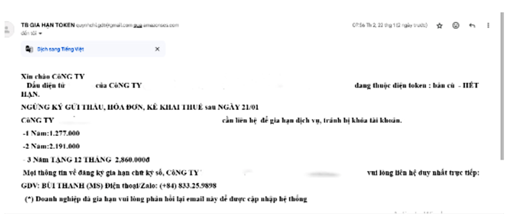 Nội dung email giả mạo liên quan đến chữ ký số.