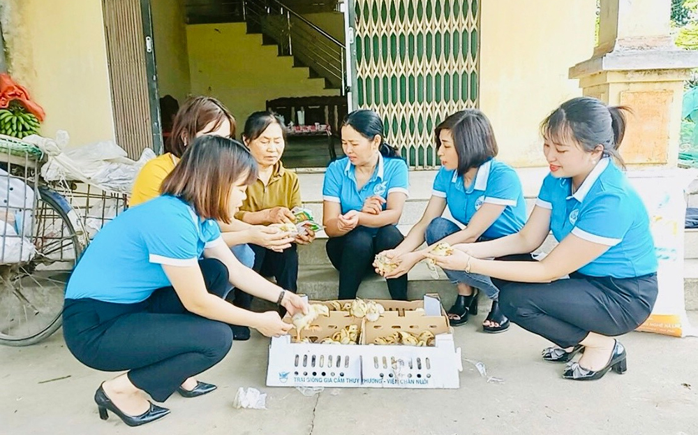 Chị Đặng Hoa Xuân (thứ 2, bên phải) cùng cán bộ Hội Liên hiệp Phụ nữ phường Hợp Minh, thành phố Yên Bái trao hỗ trợ con giống cho hội viên có hoàn cảnh khó khăn.