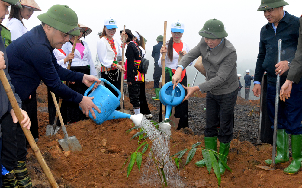 Secretary of the provincial Party Committee Do Duc Duy participates in planting Bat Do bamboo in response to the 2024 New Year tree planting festival.