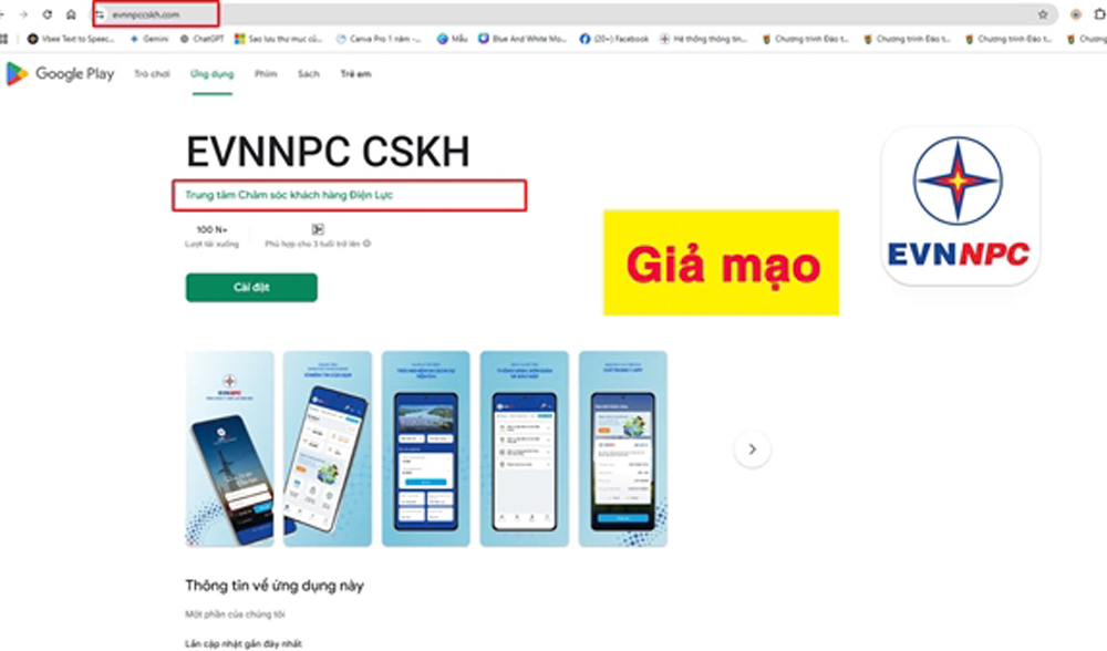 Hình ảnh App giả mạo sau khi khách hàng truy cập link sẽ mở ra trang Web có giao diện giống kho ứng dụng CH PLAY của hệ điều hành Android.