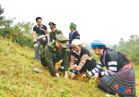 Đồng bào Mông xã Suối Giàng cùng cán bộ kiểm lâm trồng rừng vụ xuân.